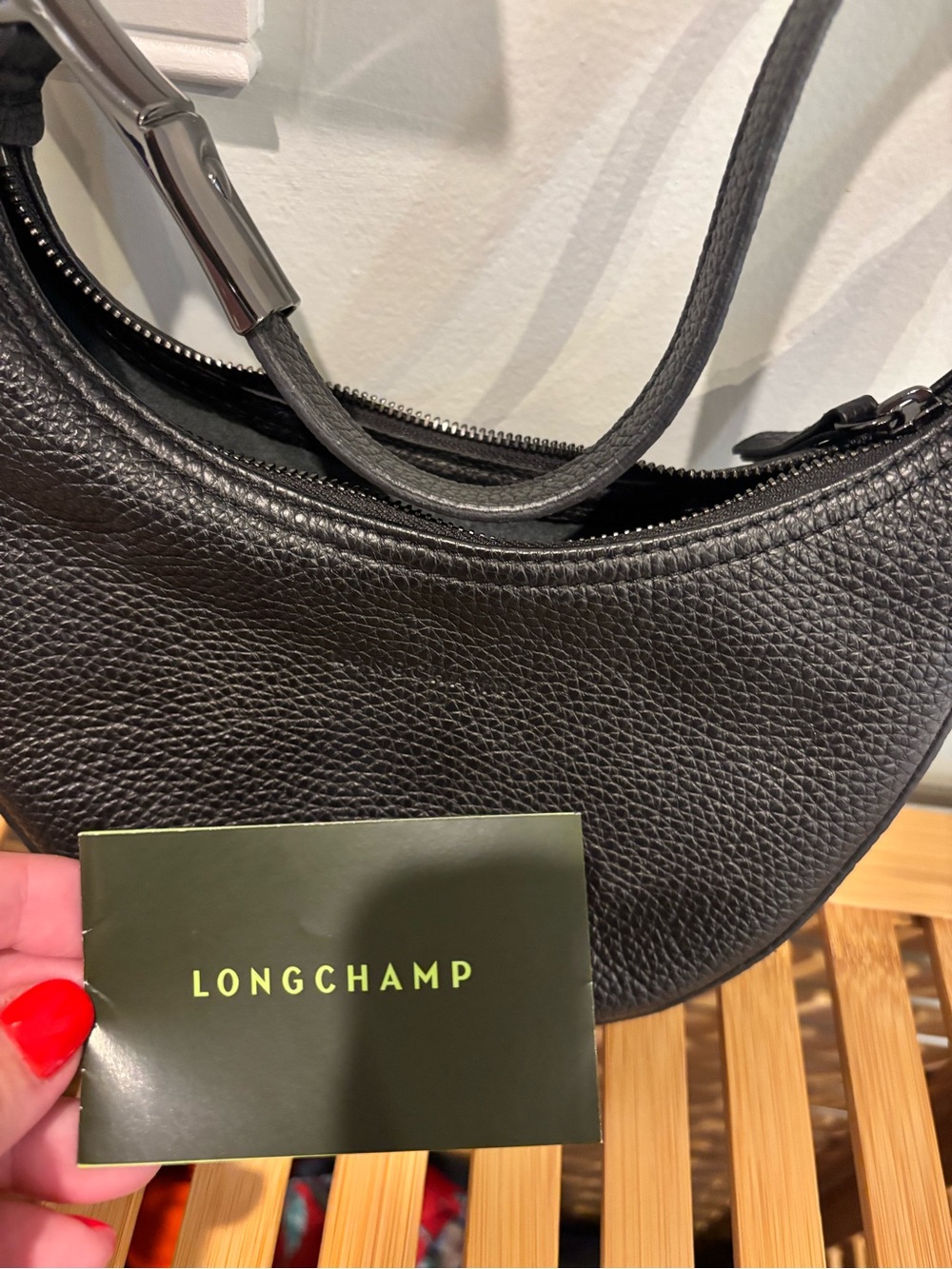 Longchamp Black Pebbled Crescent Shoulder Bag with Silver Hardware - Picture 2 of 3